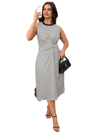 Striped Round Neck Sleeveless Midi Tank Dress