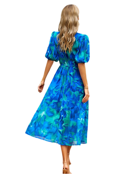 Printed Puff Sleeve Midi Dress