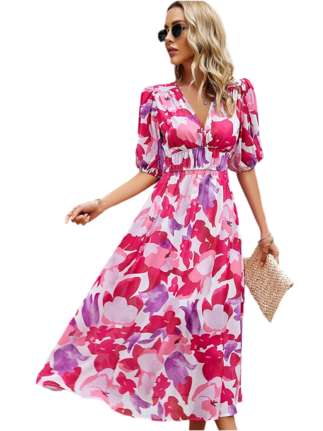 Printed Puff Sleeve Midi Dress