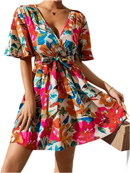 Printed Surplice Short Sleeve Mini Dress