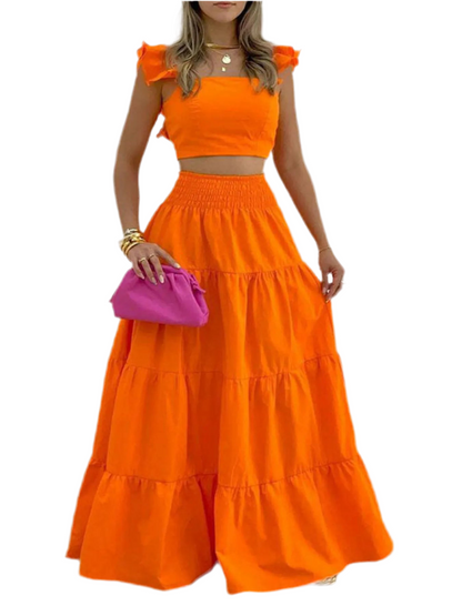 Full Size Ruffled Cami and Tiered Maxi Skirt Set Plus Size