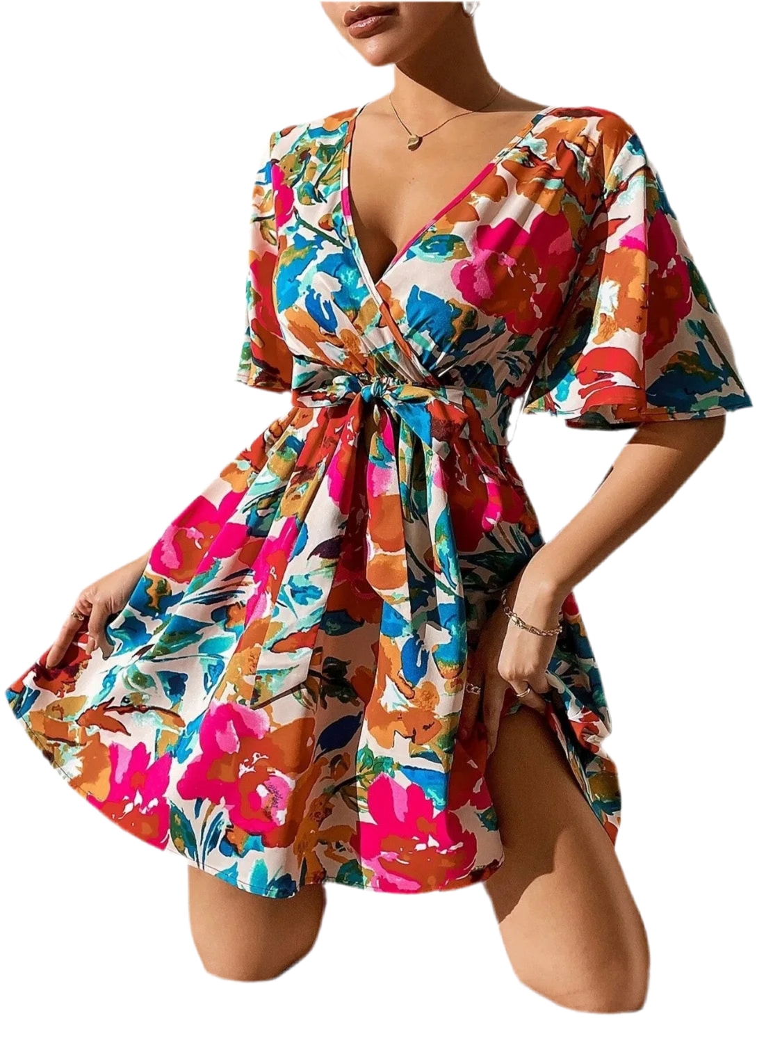 Printed Surplice Short Sleeve Mini Dress