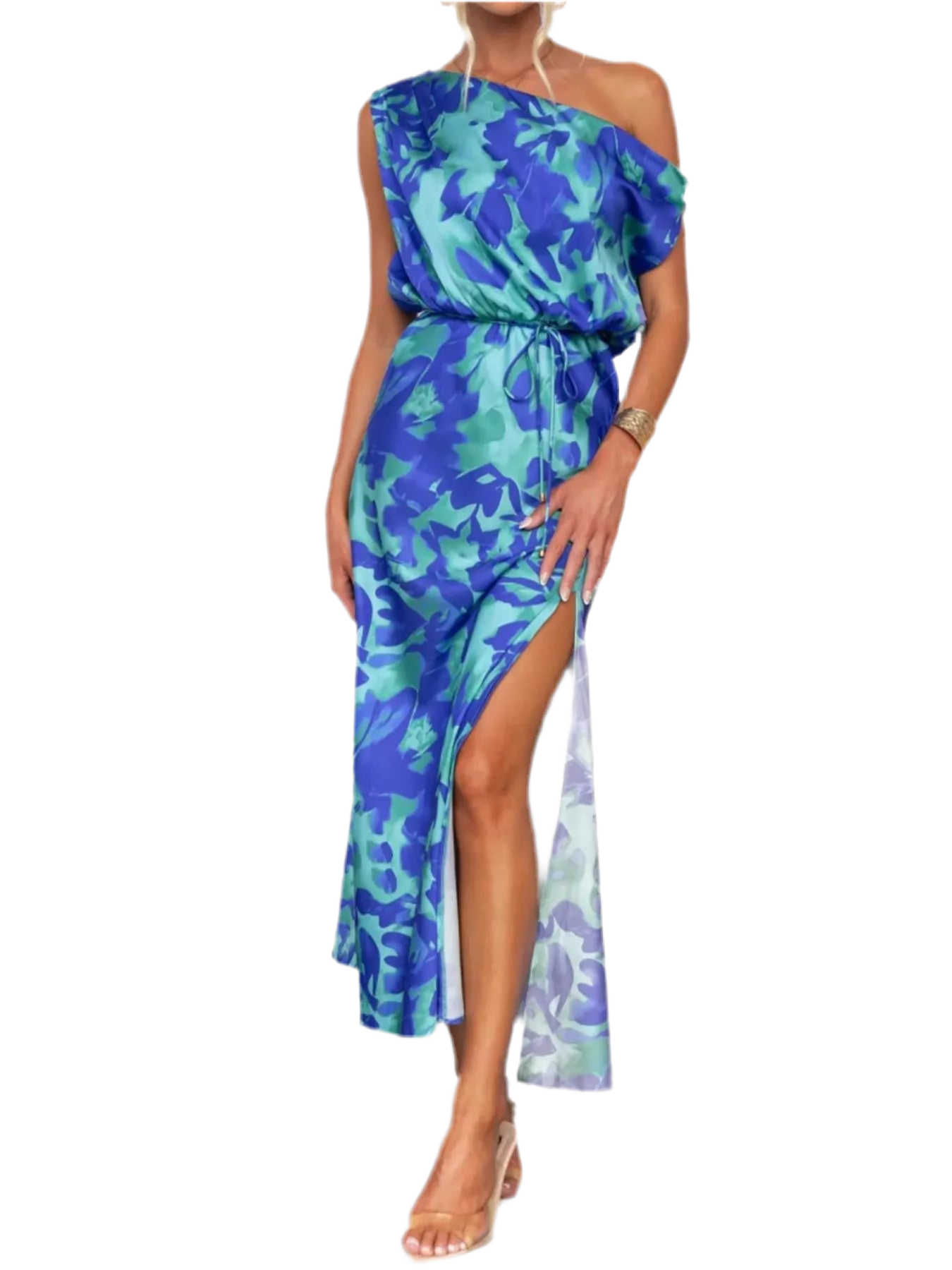 One Shoulder Printed Dress with Slit