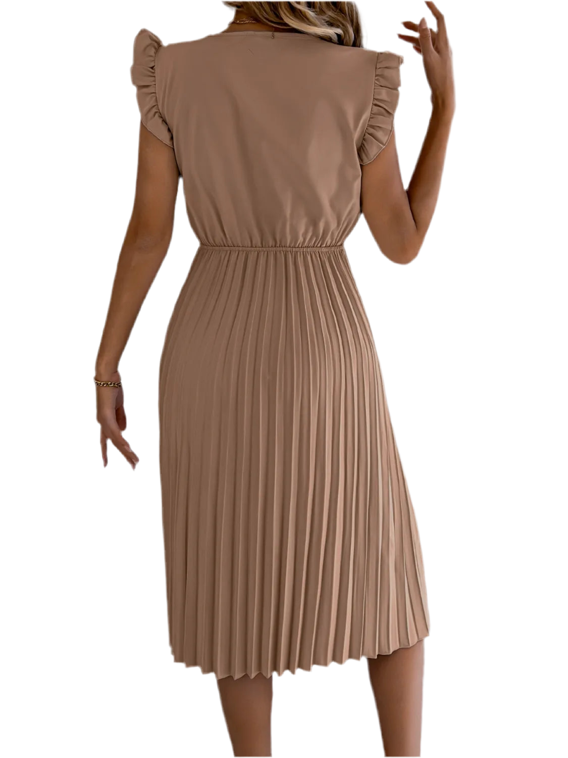 Lace Detail Ruffled Cap Sleeve Pleated Dress