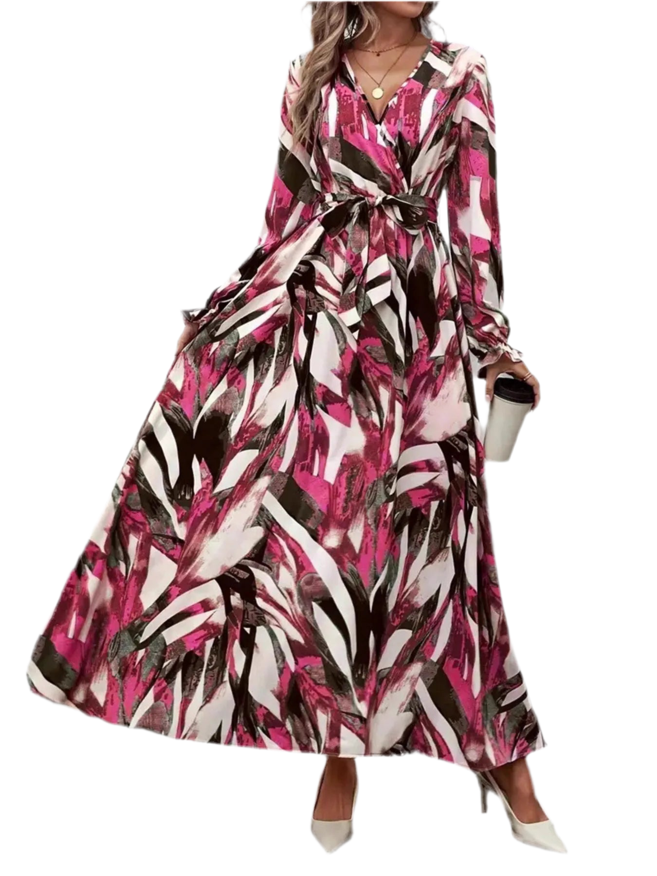 Printed Surplice Flounce Sleeve Maxi Dress