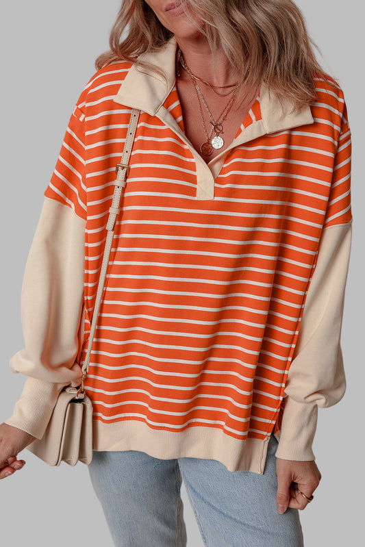 Orange Stripe Color Block Loose Fit Collared Drop Shoulder Sweatshirt