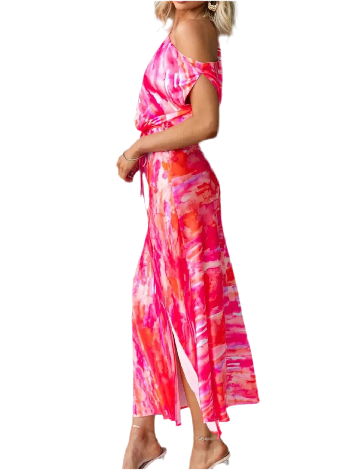 One Shoulder Printed Dress with Slit