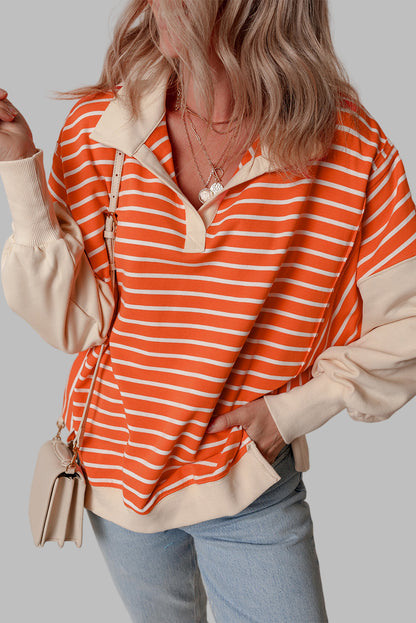Orange Stripe Color Block Loose Fit Collared Drop Shoulder Sweatshirt
