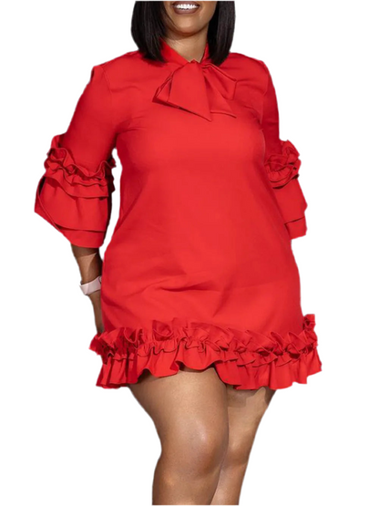 Frill Tie Neck Three-Quarter Sleeve Dress