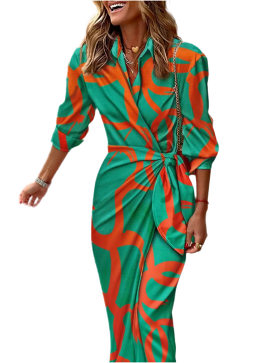 Printed Collared Neck Shirt Dress