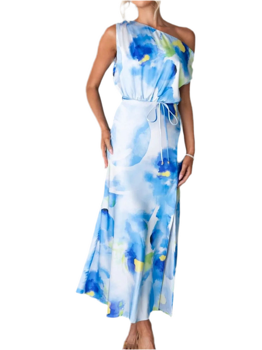 One Shoulder Printed Dress with Slit