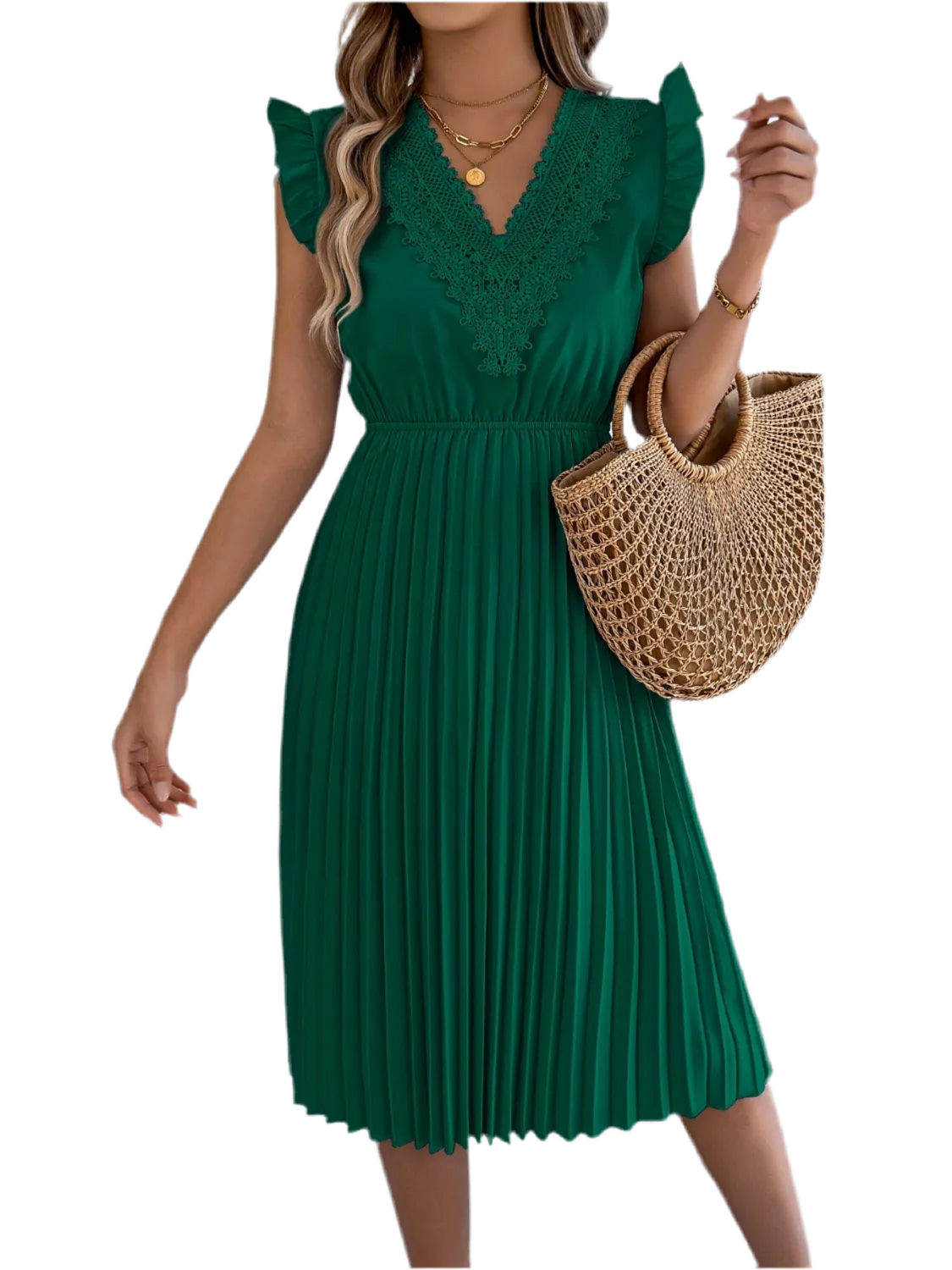Lace Detail Ruffled Cap Sleeve Pleated Dress