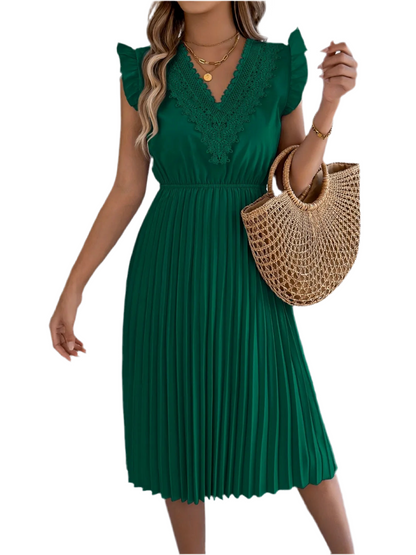 Lace Detail Ruffled Cap Sleeve Pleated Dress