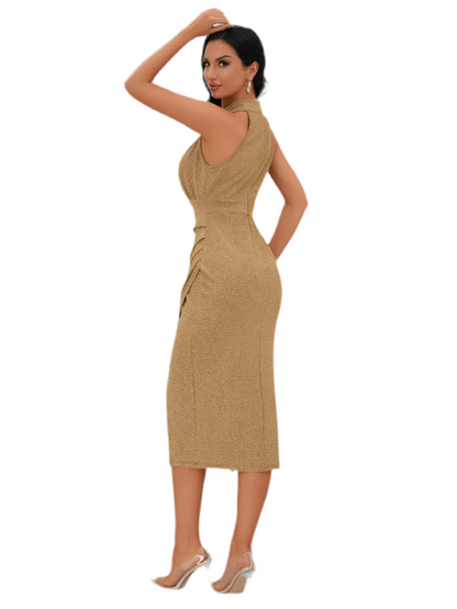 Slit Ruched Mock Neck Sleeveless Dress