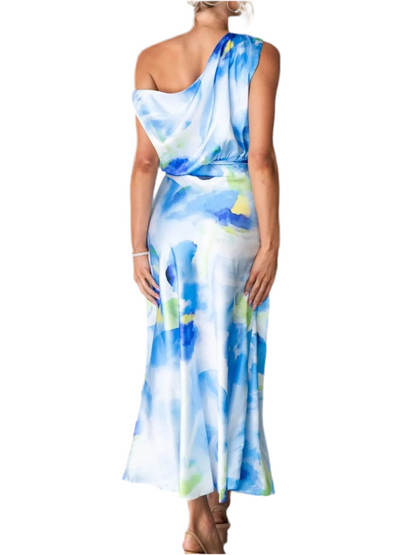 One Shoulder Printed Dress with Slit