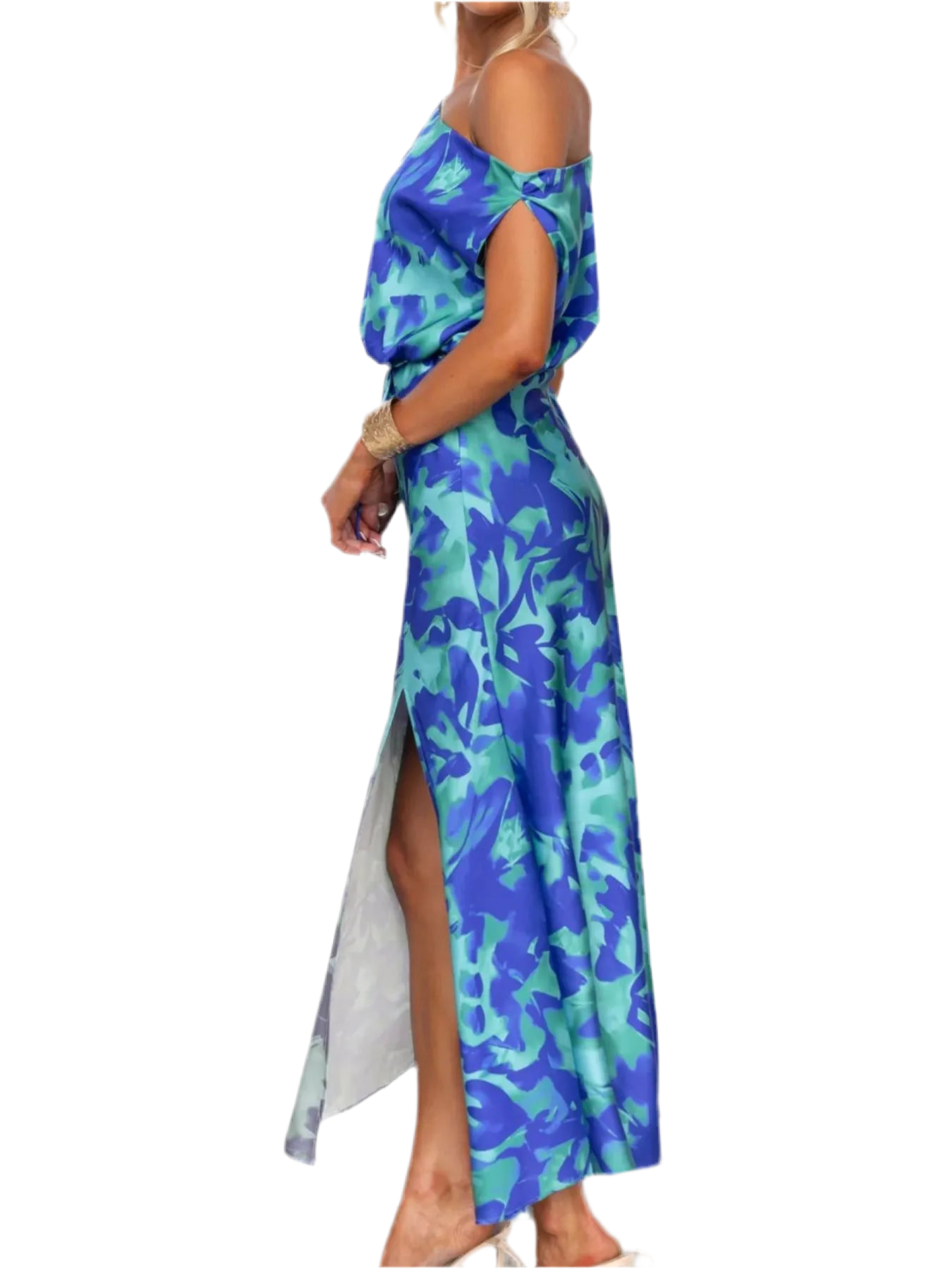 One Shoulder Printed Dress with Slit
