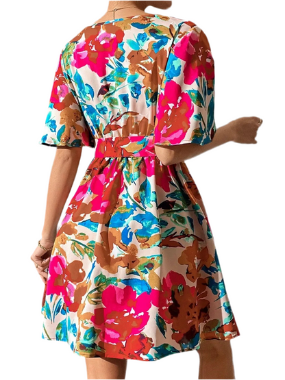 Printed Surplice Short Sleeve Mini Dress