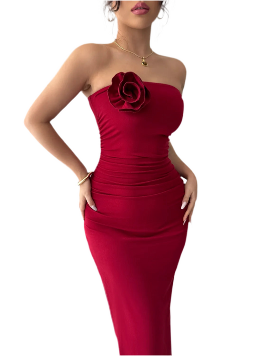 Slit Back Flower Tube Midi Dress
