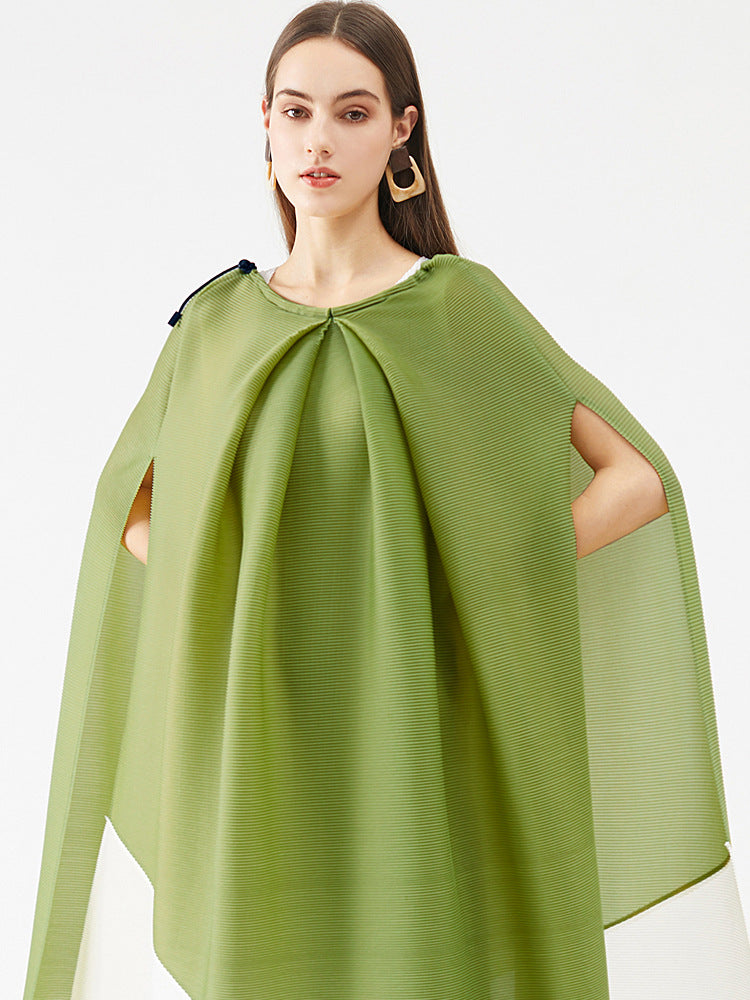 Miyake Style Pleated Dress With Contrast Stitching for Women