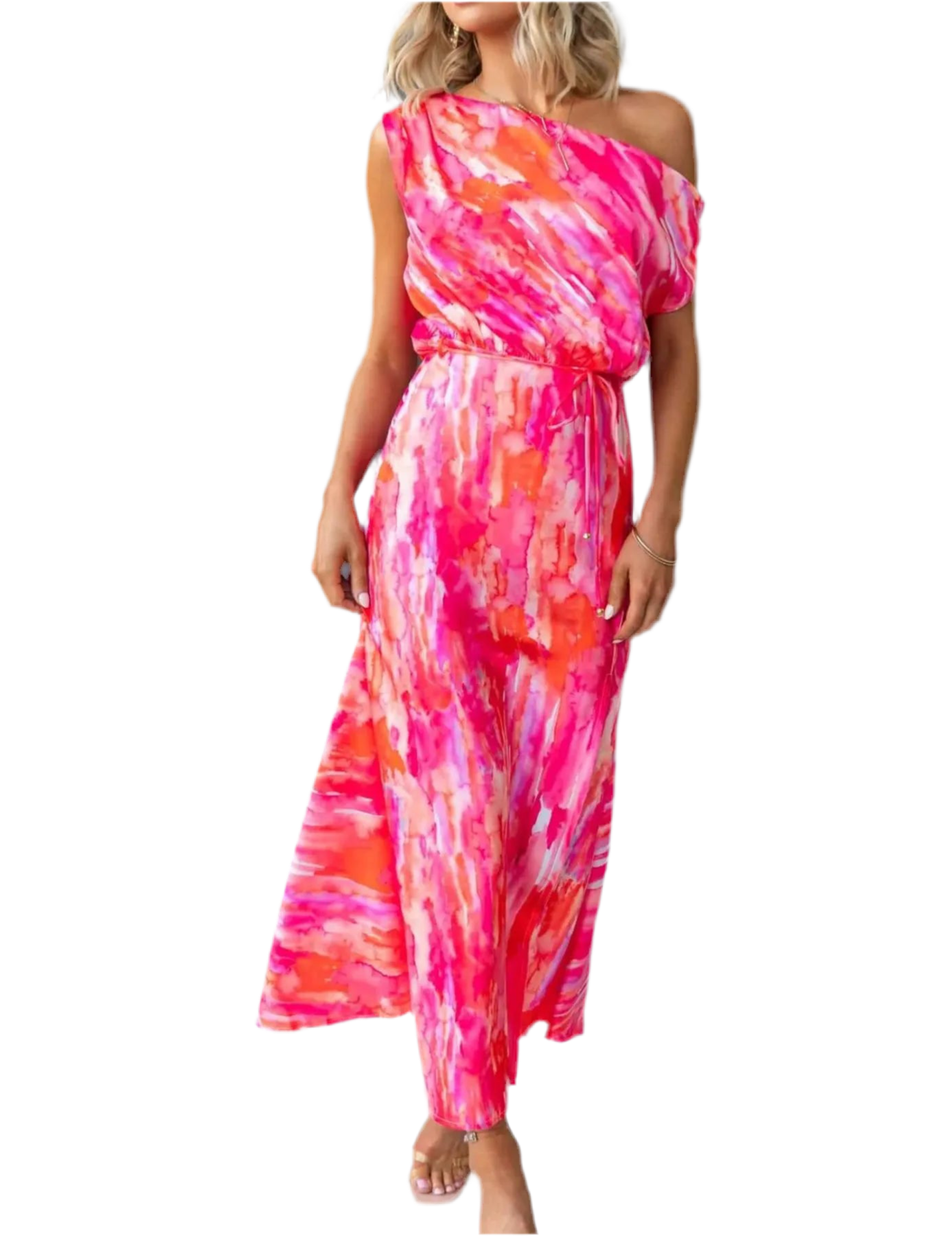 One Shoulder Printed Dress with Slit