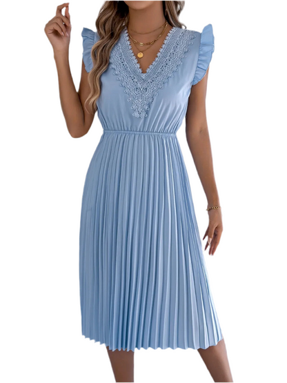 Lace Detail Ruffled Cap Sleeve Pleated Dress