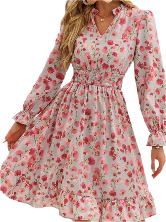 Floral Print Flounce Sleeve Ruffle Hem Dress