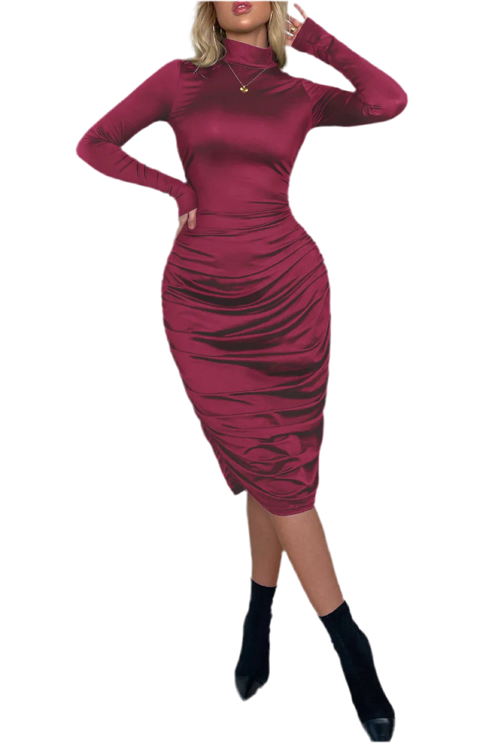 Ruched Mock Neck Long Sleeve Dress