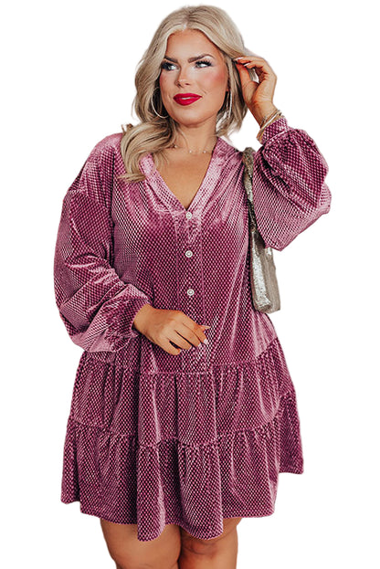 Meadow Mauve Plus Size Textured Velvet Tiered Buttons Tiered Dress