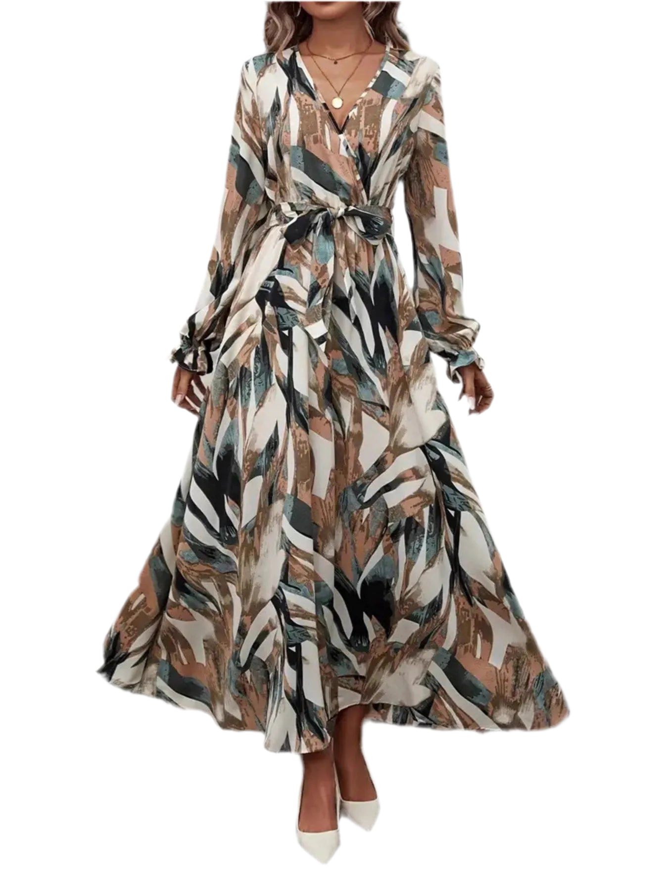 Printed Surplice Flounce Sleeve Maxi Dress