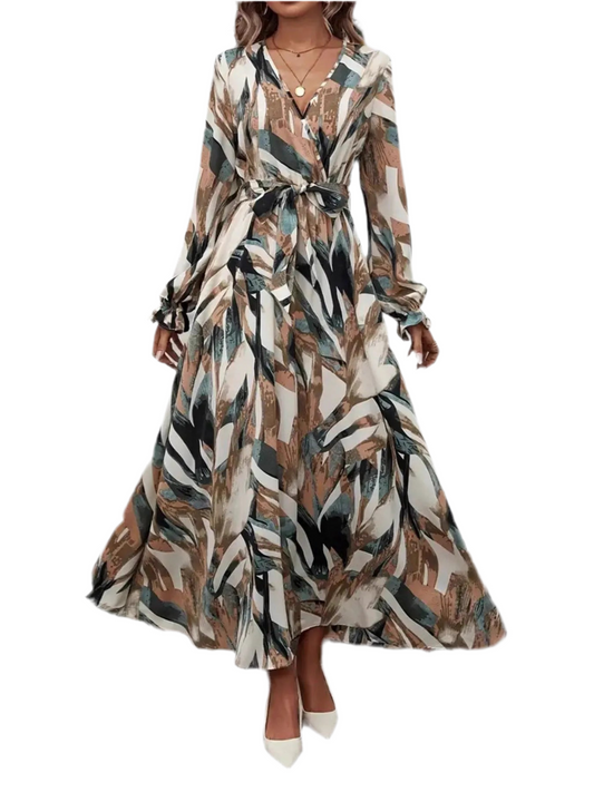 Printed Surplice Flounce Sleeve Maxi Dress
