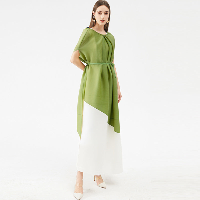Miyake Style Pleated Dress With Contrast Stitching for Women