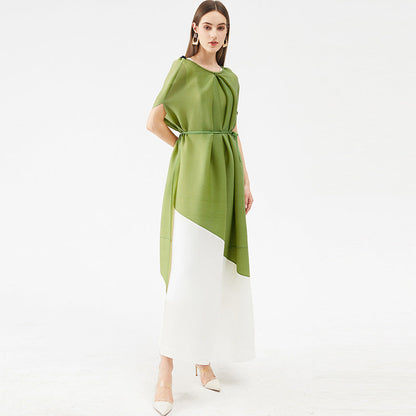 Miyake Style Pleated Dress With Contrast Stitching for Women