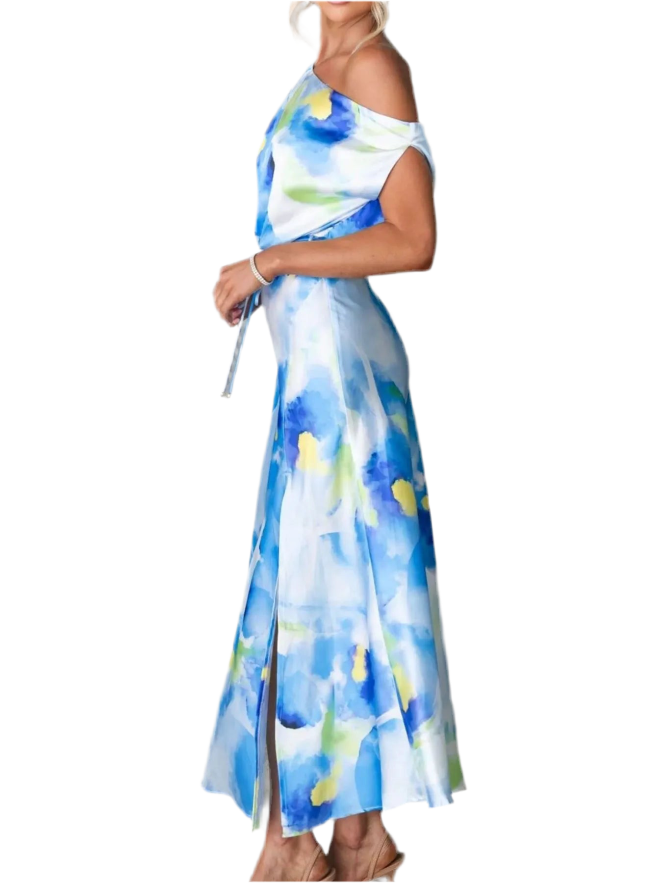 One Shoulder Printed Dress with Slit