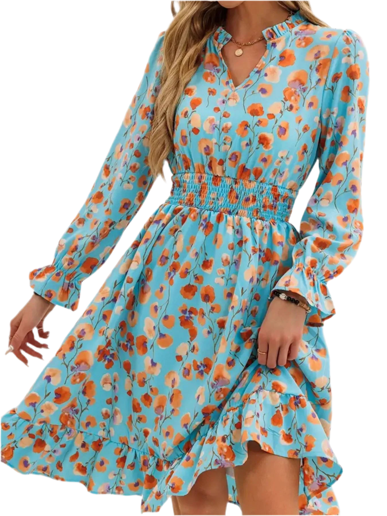 Floral Print Flounce Sleeve Ruffle Hem Dress