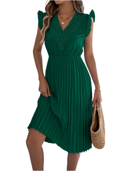 Lace Detail Ruffled Cap Sleeve Pleated Dress