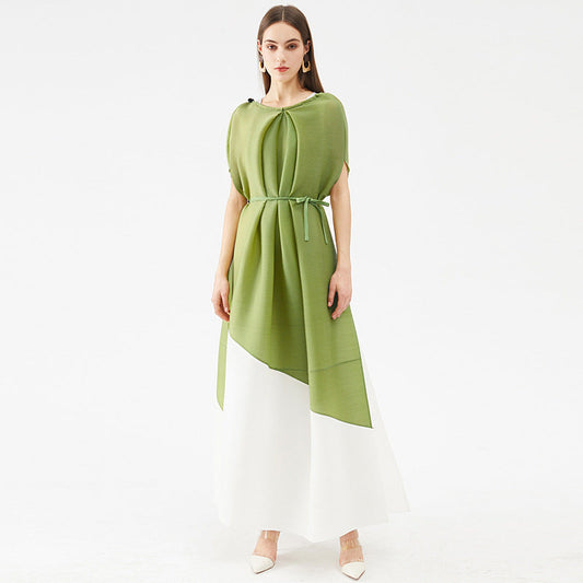 Miyake Style Pleated Dress With Contrast Stitching for Women