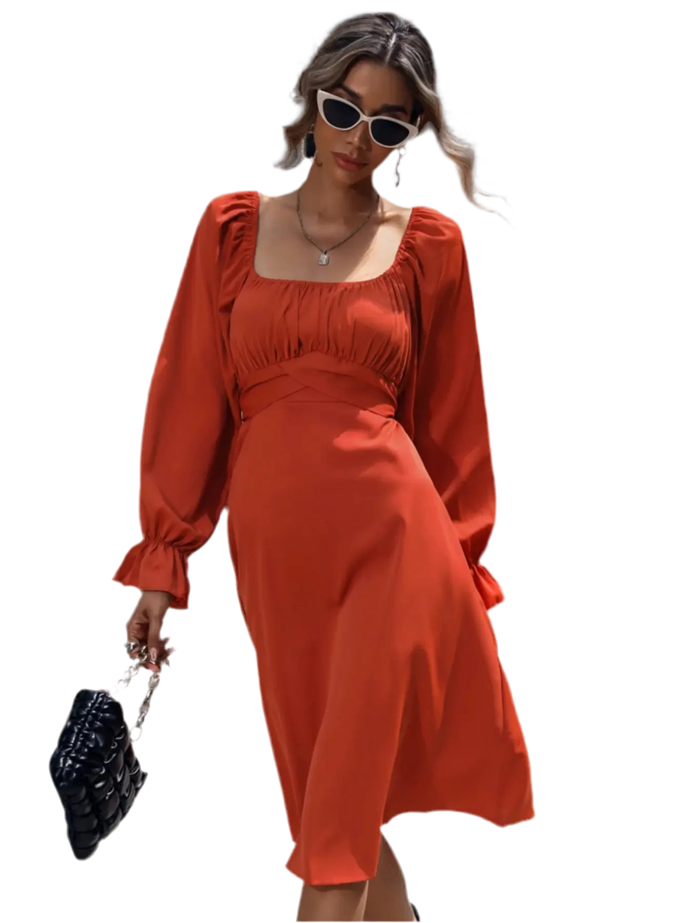 Square Neck Flounce Sleeve Midi Dress