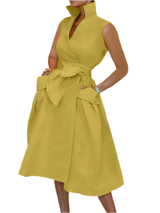 Tie Waist Sleeveless Midi Dress with Pockets