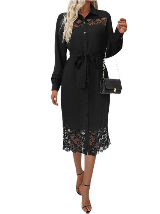 Lace Detail Button-Front Midi Shirt Dress