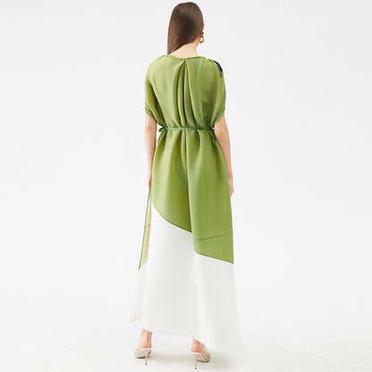 Miyake Style Pleated Dress With Contrast Stitching for Women