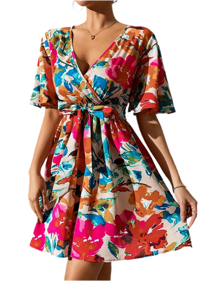 Printed Surplice Short Sleeve Mini Dress