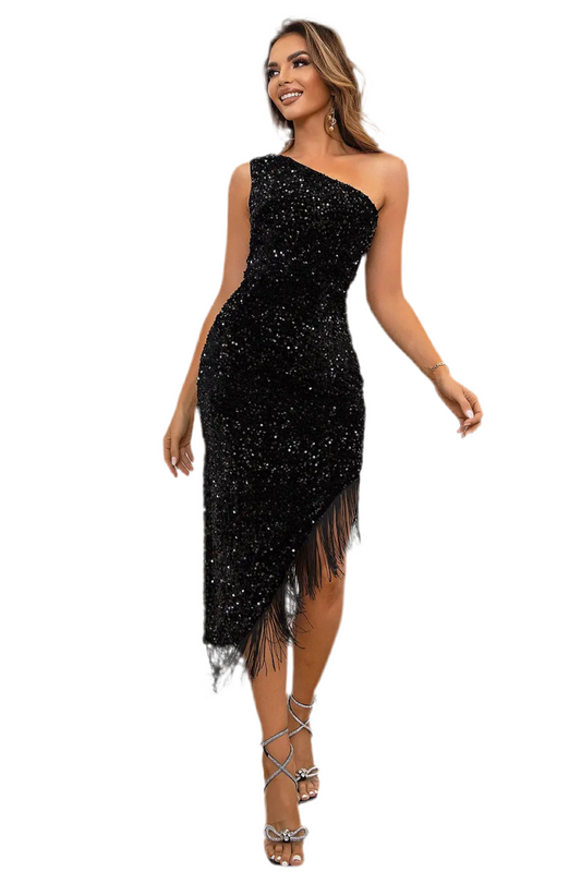 Sequin Asymmetrical Fringe Hem One-Shoulder Dress
