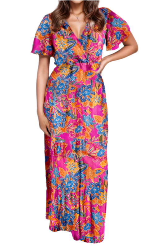 Printed Surplice Short Sleeve Maxi Dress
