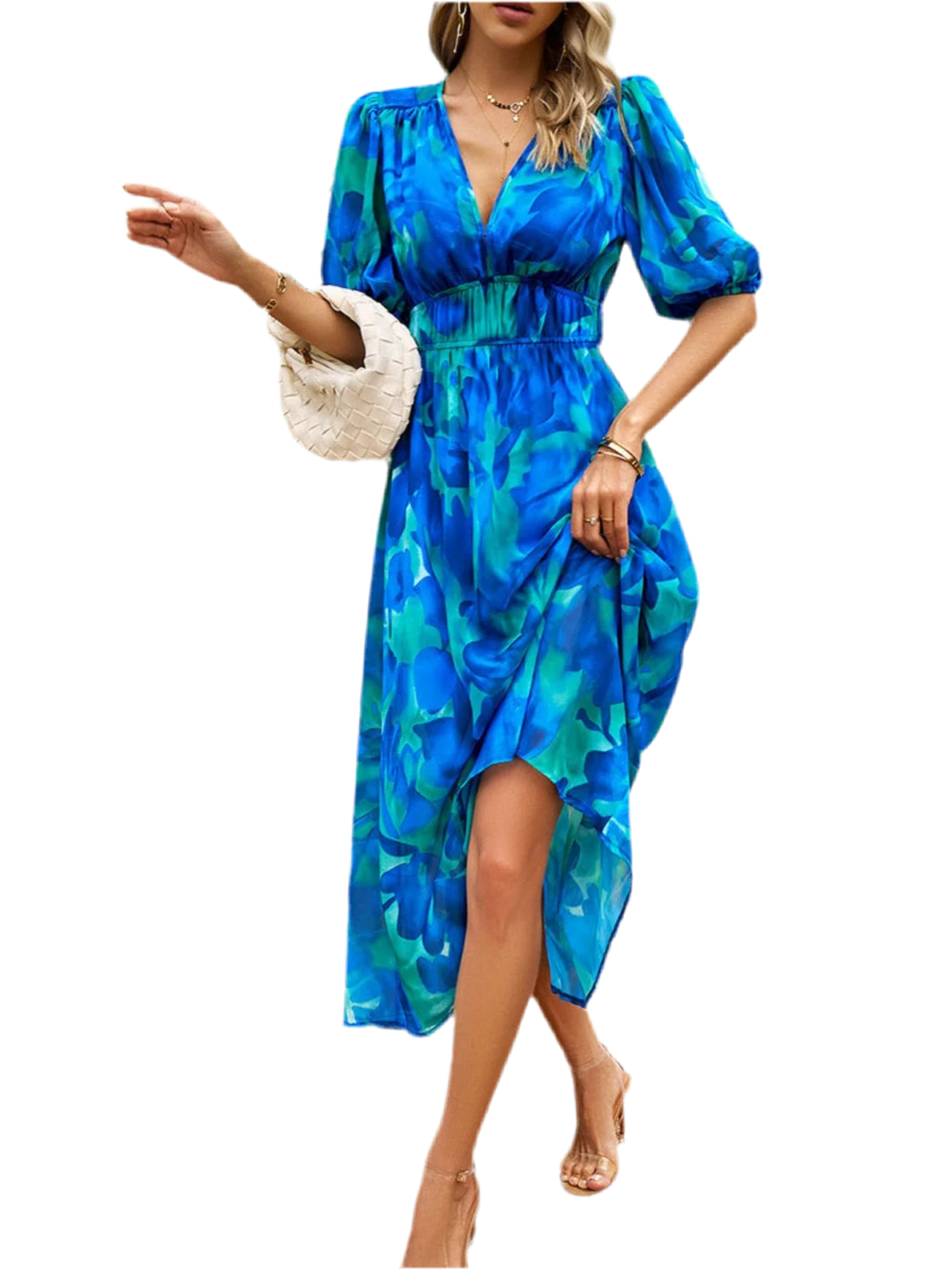 Printed Puff Sleeve Midi Dress