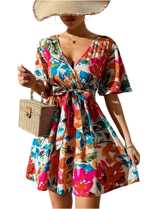 Printed Surplice Short Sleeve Mini Dress