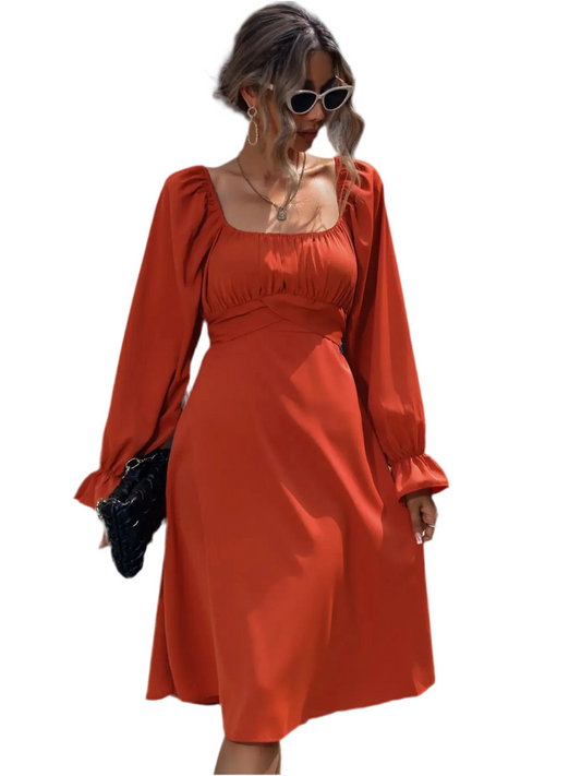 Square Neck Flounce Sleeve Midi Dress