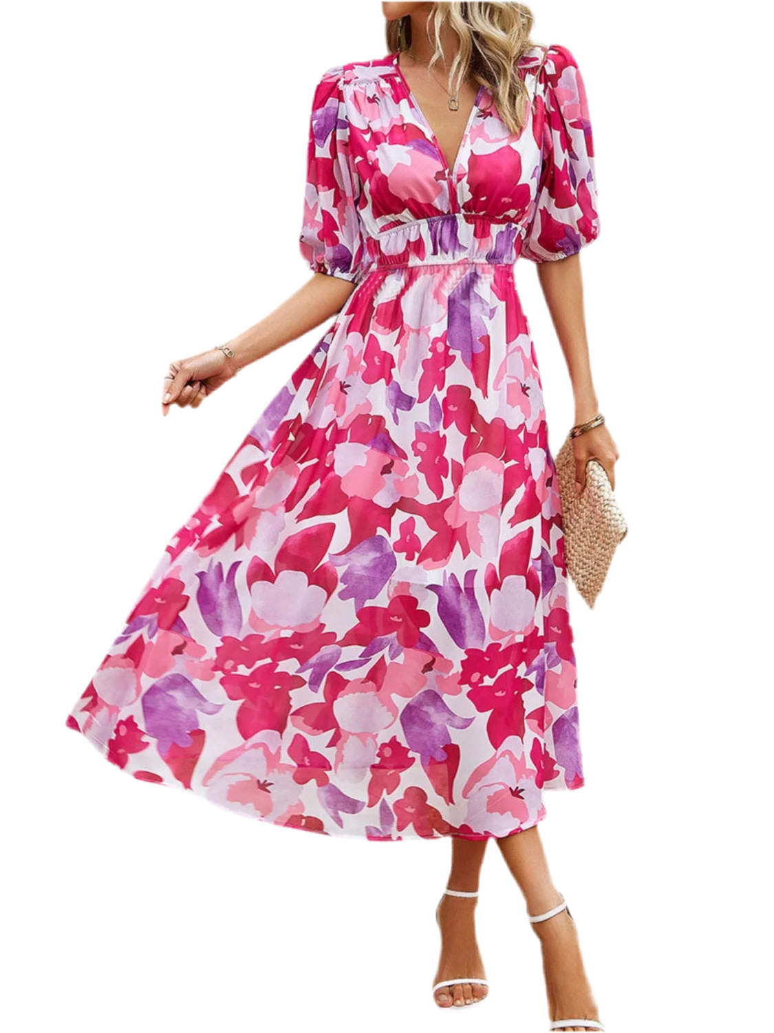 Printed Puff Sleeve Midi Dress