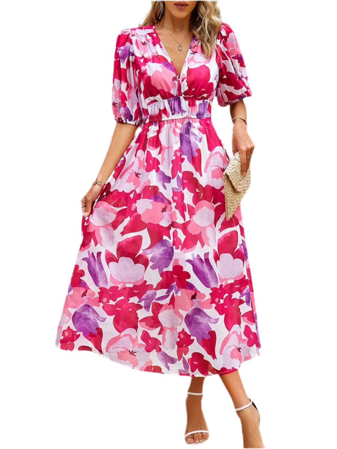 Printed Puff Sleeve Midi Dress