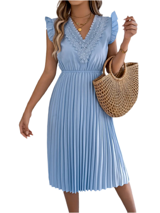 Lace Detail Ruffled Cap Sleeve Pleated Dress