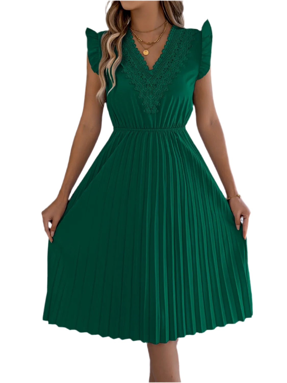 Lace Detail Ruffled Cap Sleeve Pleated Dress